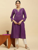 Cotton Embroidery Kurti 3/4 Sleeve Calf Length Stright Kurti for Women Trendmalls
