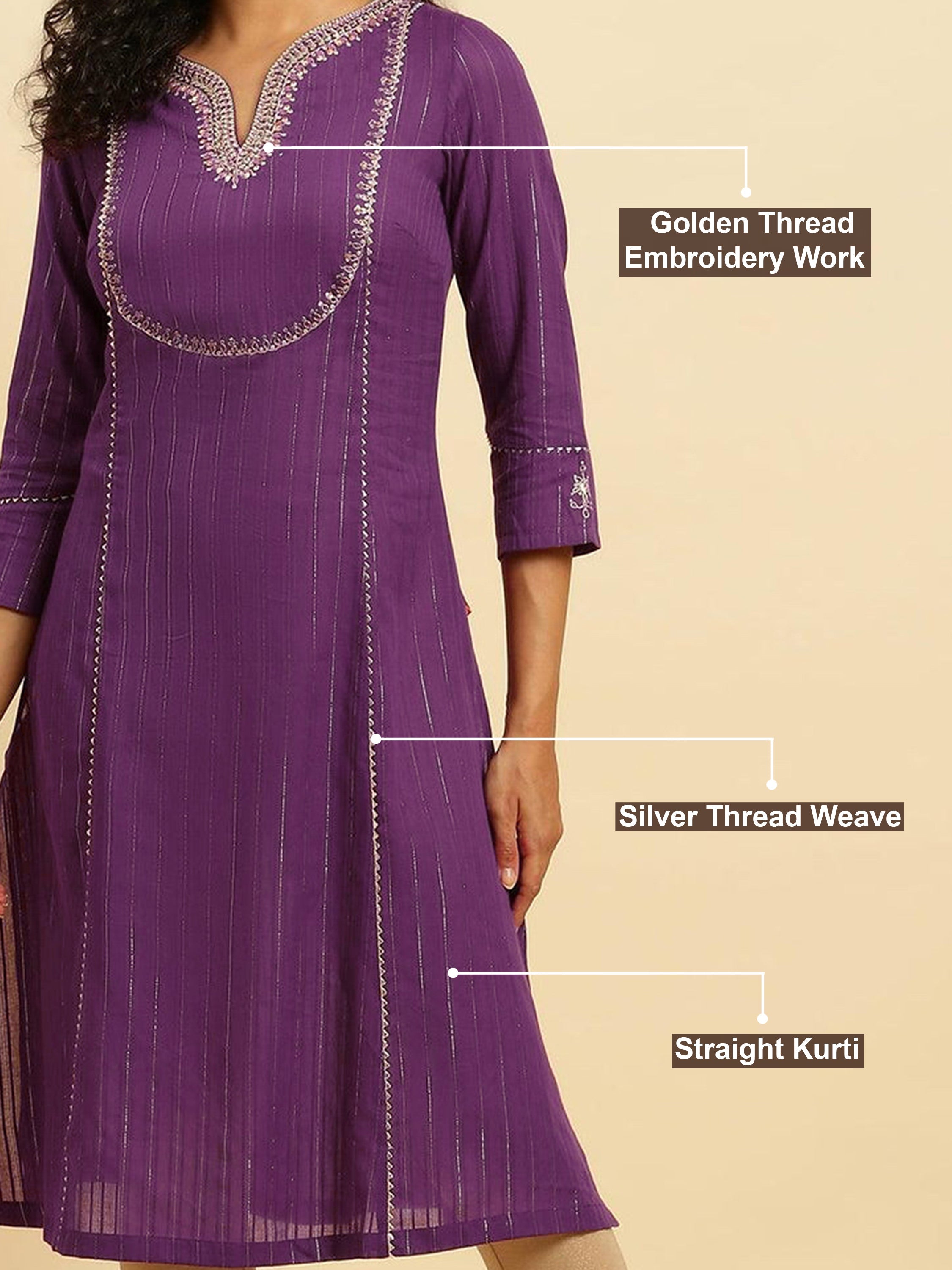 Cotton Embroidery Kurti 3/4 Sleeve Calf Length Stright Kurti for Women Trendmalls