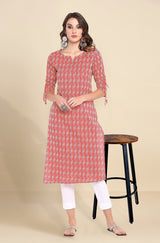 Red Cotton Embroidery Kurti 3/4 Sleeve Calf Length Stright Kurti for Women Trendmalls