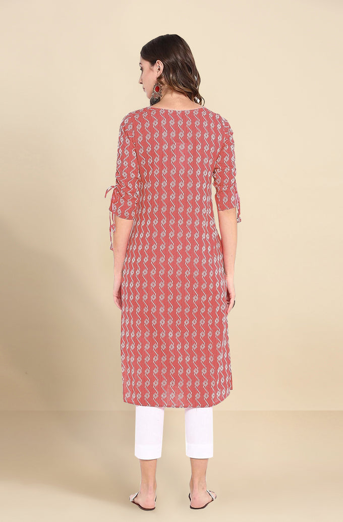 Red Cotton Embroidery Kurti 3/4 Sleeve Calf Length Stright Kurti for Women Trendmalls