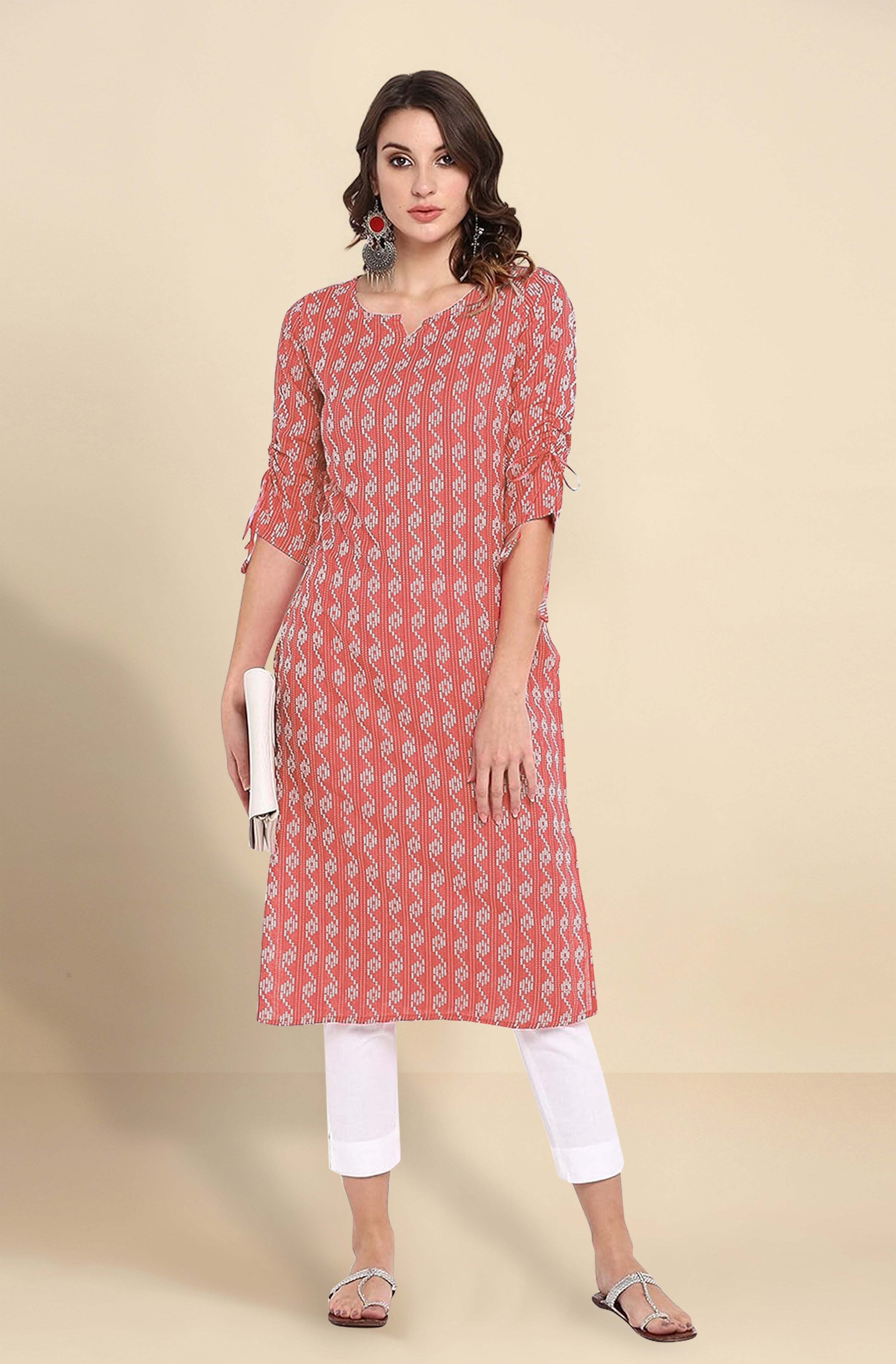Red Cotton Embroidery Kurti 3/4 Sleeve Calf Length Stright Kurti for Women Trendmalls
