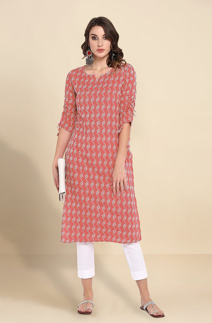 Red Cotton Embroidery Kurti 3/4 Sleeve Calf Length Stright Kurti for Women Trendmalls