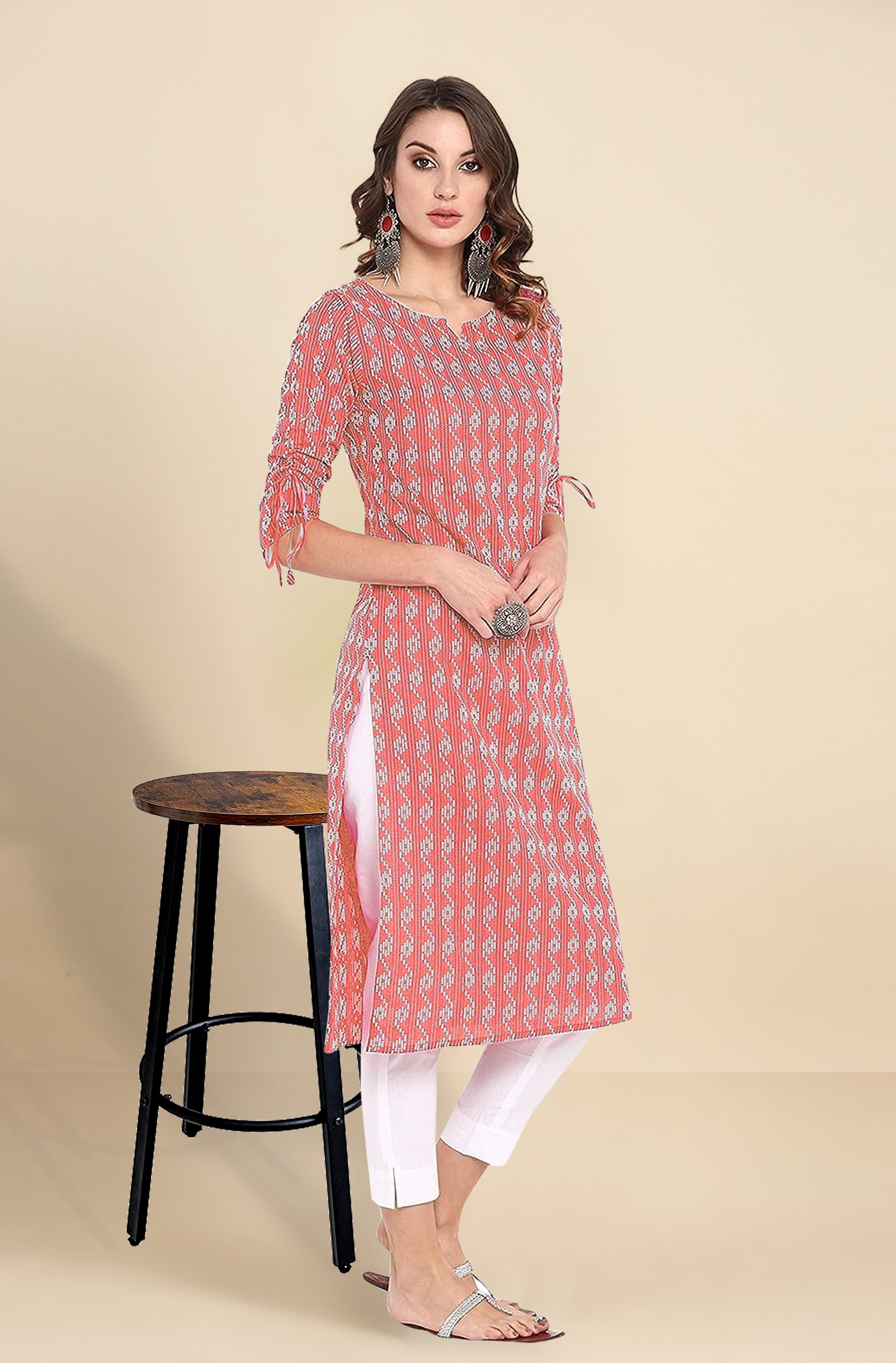 Red Cotton Embroidery Kurti 3/4 Sleeve Calf Length Stright Kurti for Women Trendmalls