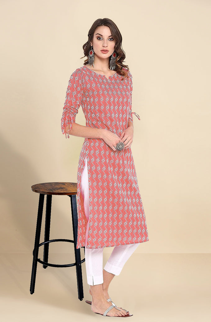 Red Cotton Embroidery Kurti 3/4 Sleeve Calf Length Stright Kurti for Women Trendmalls