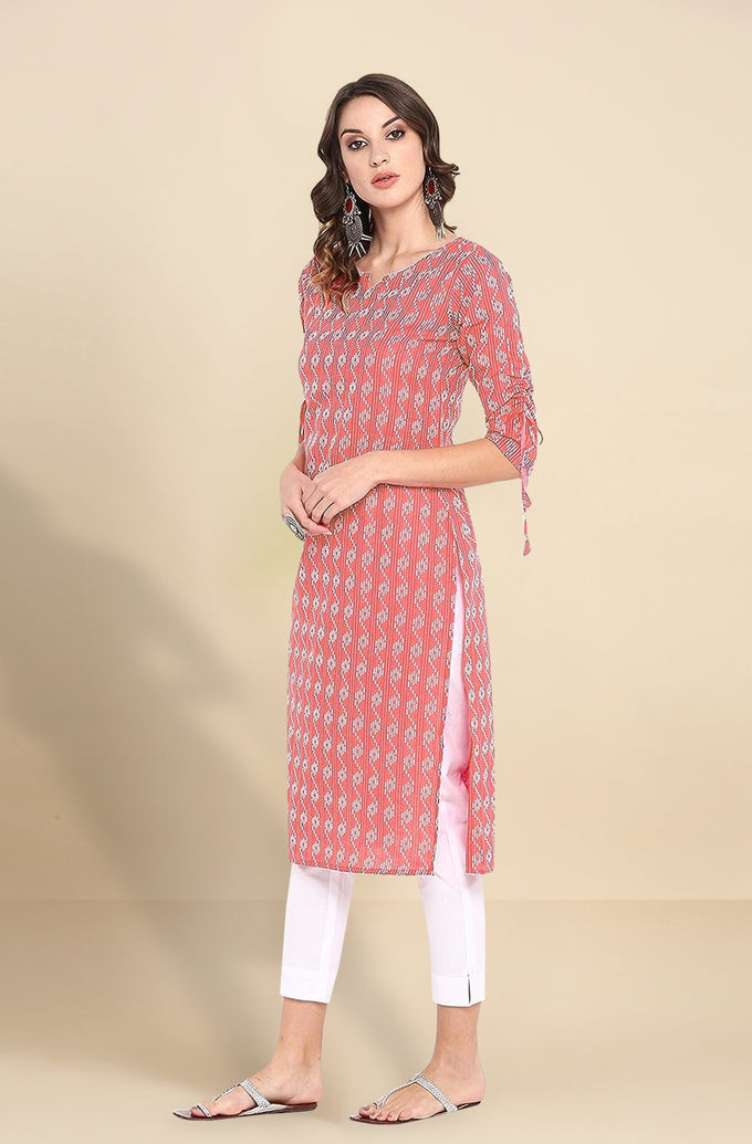 Red Cotton Embroidery Kurti 3/4 Sleeve Calf Length Stright Kurti for Women Trendmalls