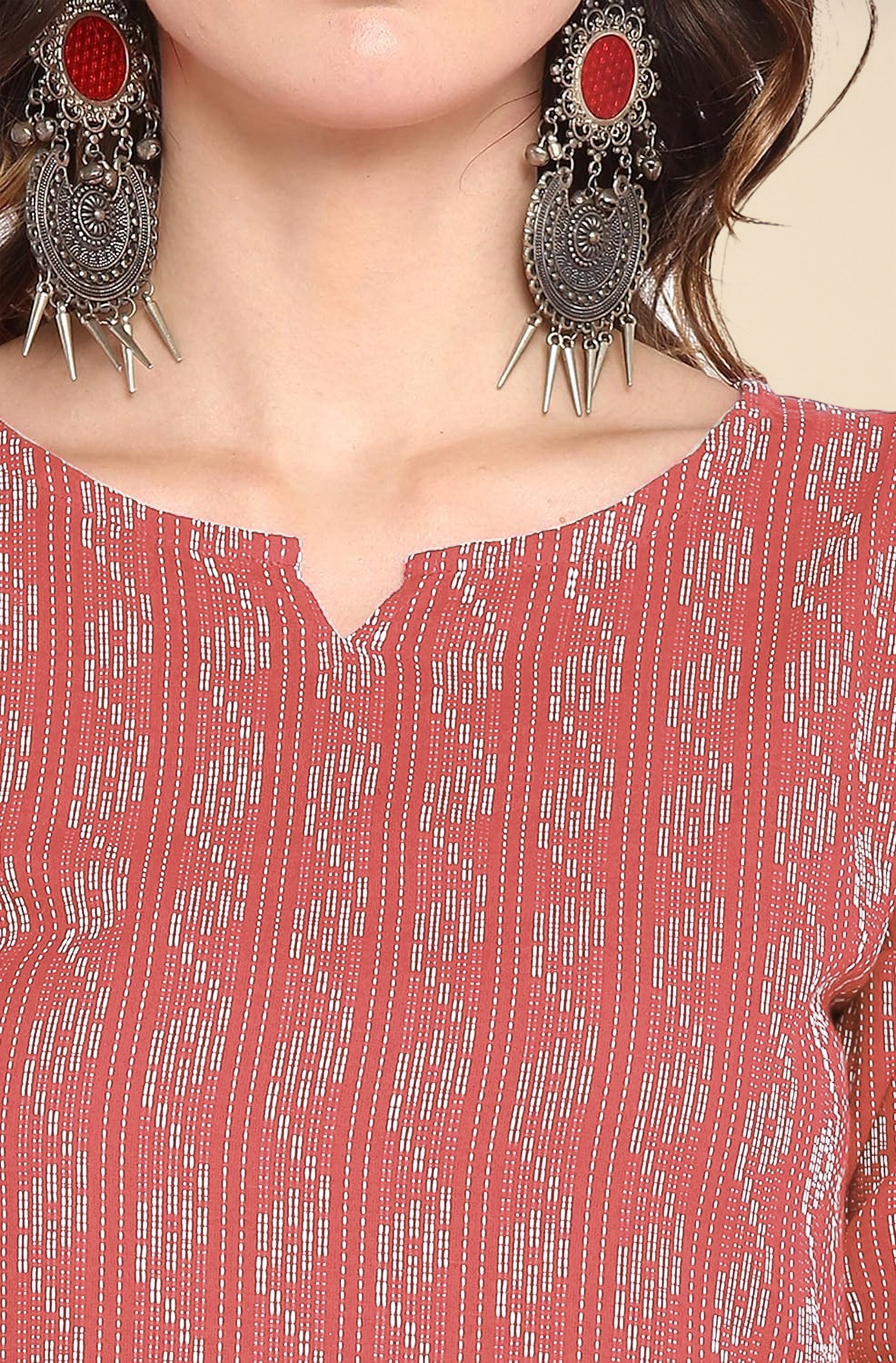 Red Cotton Embroidery Kurti 3/4 Sleeve Calf Length Stright Kurti for Women Trendmalls