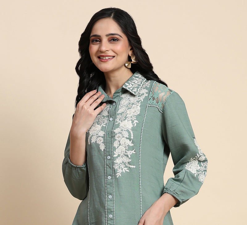 Women's Art Silk Embroidery Kurta - Puff Sleeve A line Short Kurti Style Tunic for Women Trendmallsin