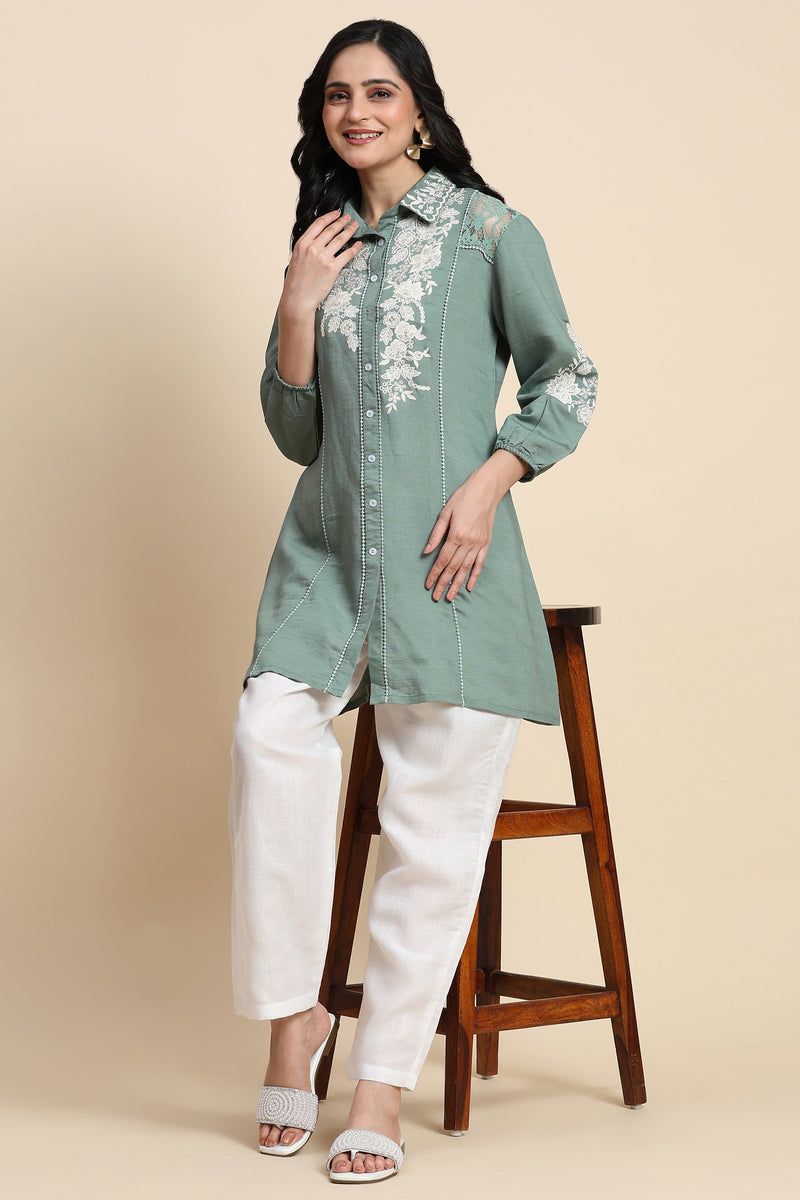 Women's Art Silk Embroidery Kurta - Puff Sleeve A line Short Kurti Style Tunic for Women Trendmallsin