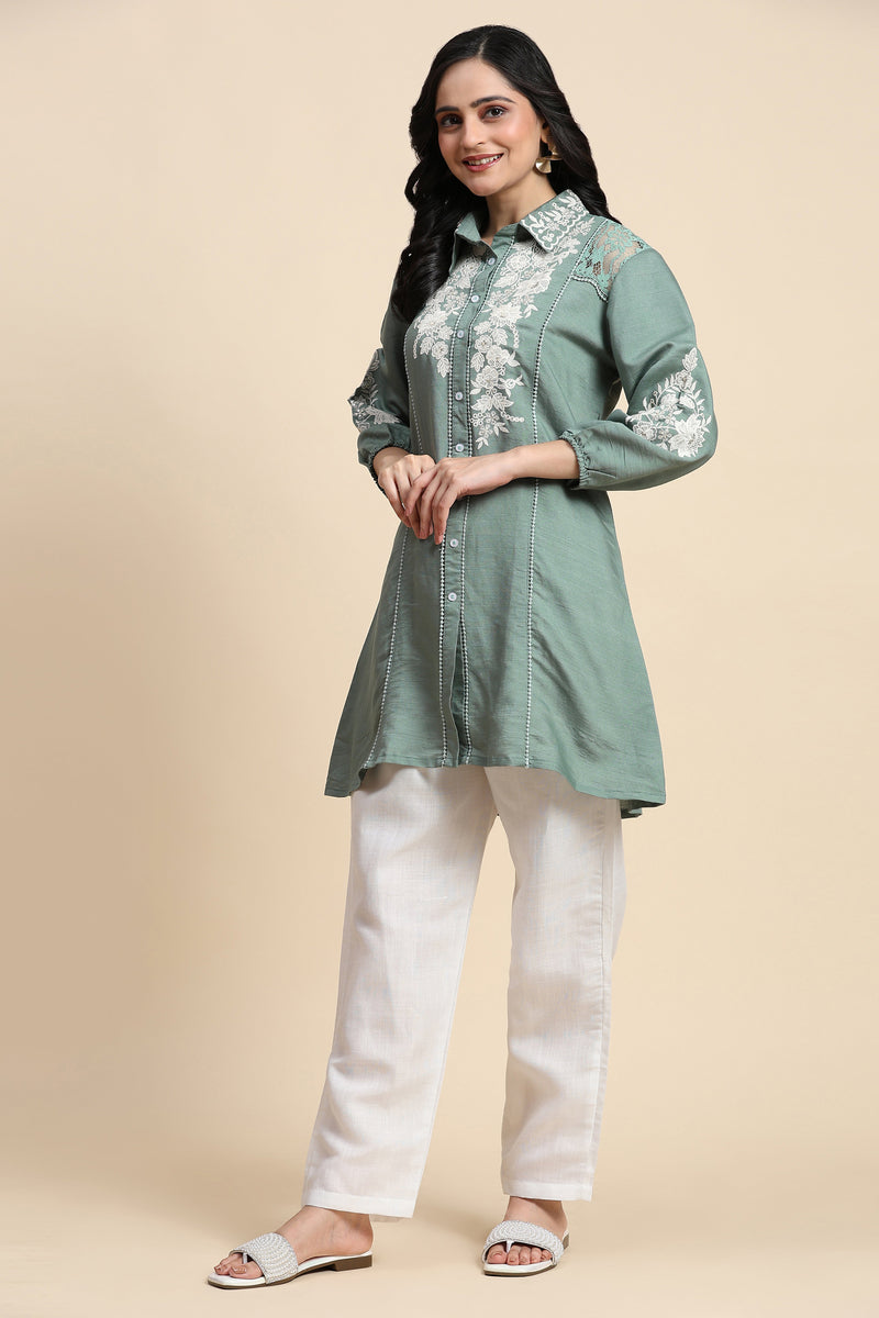 Women's Art Silk Embroidery Kurta - Puff Sleeve A line Short Kurti Style Tunic for Women Trendmallsin