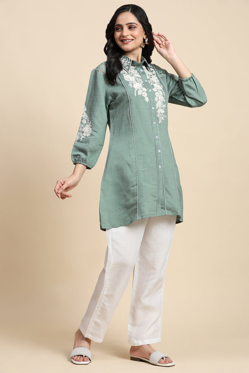 Women's Art Silk Embroidery Kurta - Puff Sleeve A line Short Kurti Style Tunic for Women Trendmallsin