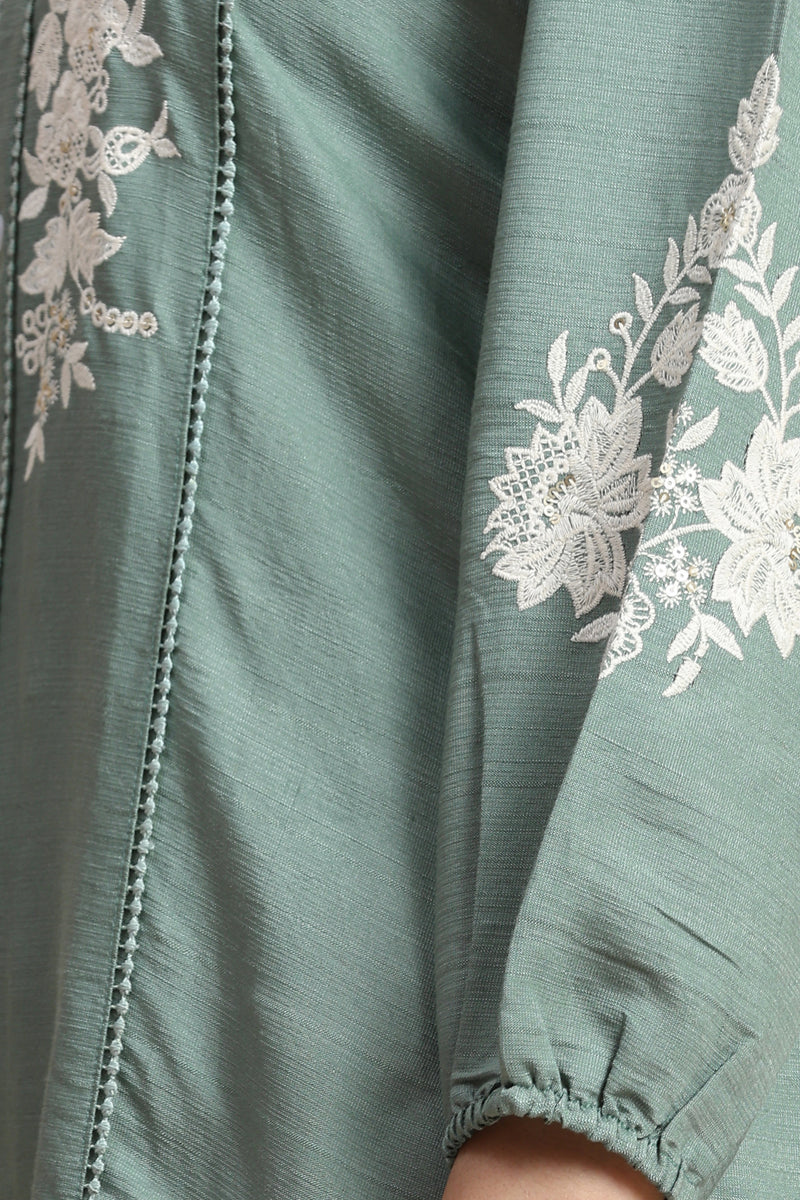 Women's Art Silk Embroidery Kurta - Puff Sleeve A line Short Kurti Style Tunic for Women Trendmallsin