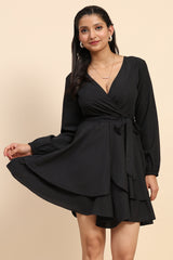 TRENDMALLS Women's Crepe Short Western Deep V-Neck Long Sleeve Waist Tie Ruffle Mini Swing Skater Dresses Trendmallsin