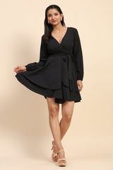 TRENDMALLS Women's Crepe Short Western Deep V-Neck Long Sleeve Waist Tie Ruffle Mini Swing Skater Dresses Trendmallsin