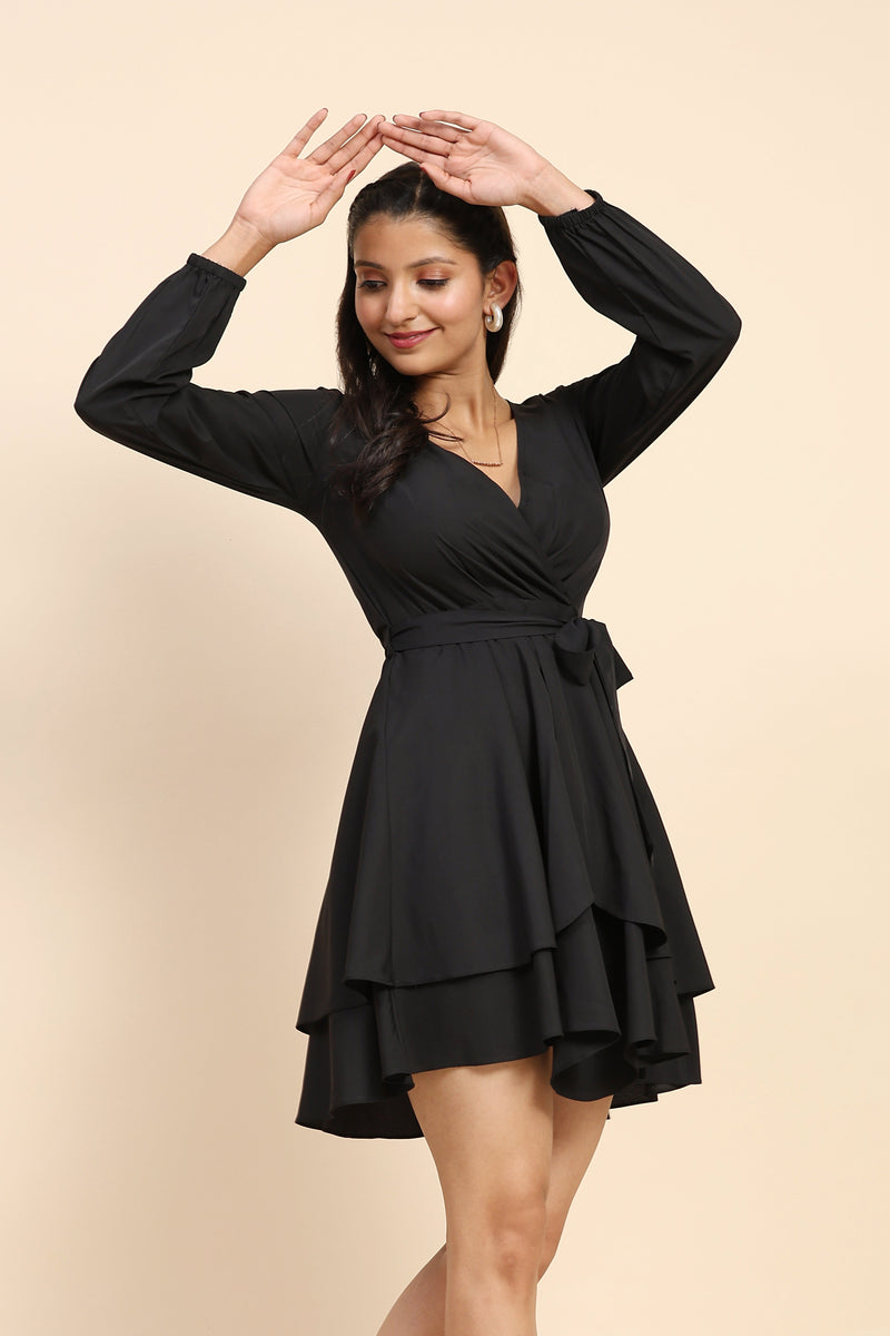 TRENDMALLS Women's Crepe Short Western Deep V-Neck Long Sleeve Waist Tie Ruffle Mini Swing Skater Dresses Trendmallsin