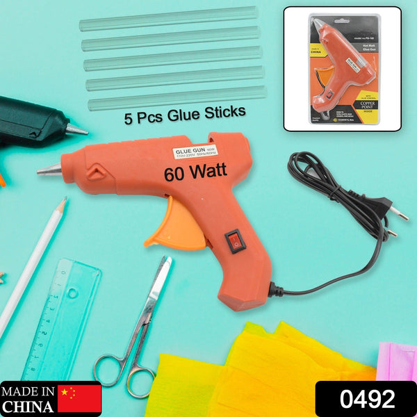 Professional 60 Watt Hot Melt Glue Gun with 5 Glue Sticks & On/Off Switch